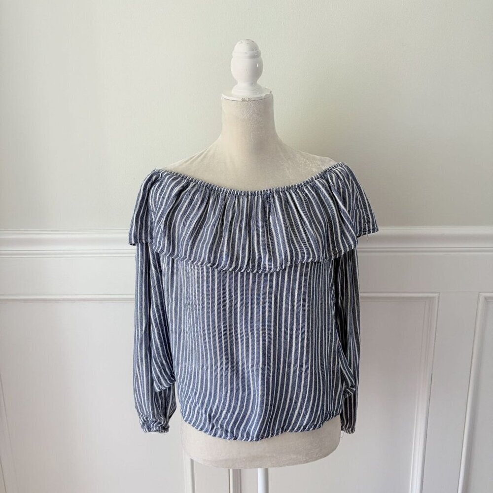 Mossimo Blue White Stripe Ruffle Off Shoulder Top L